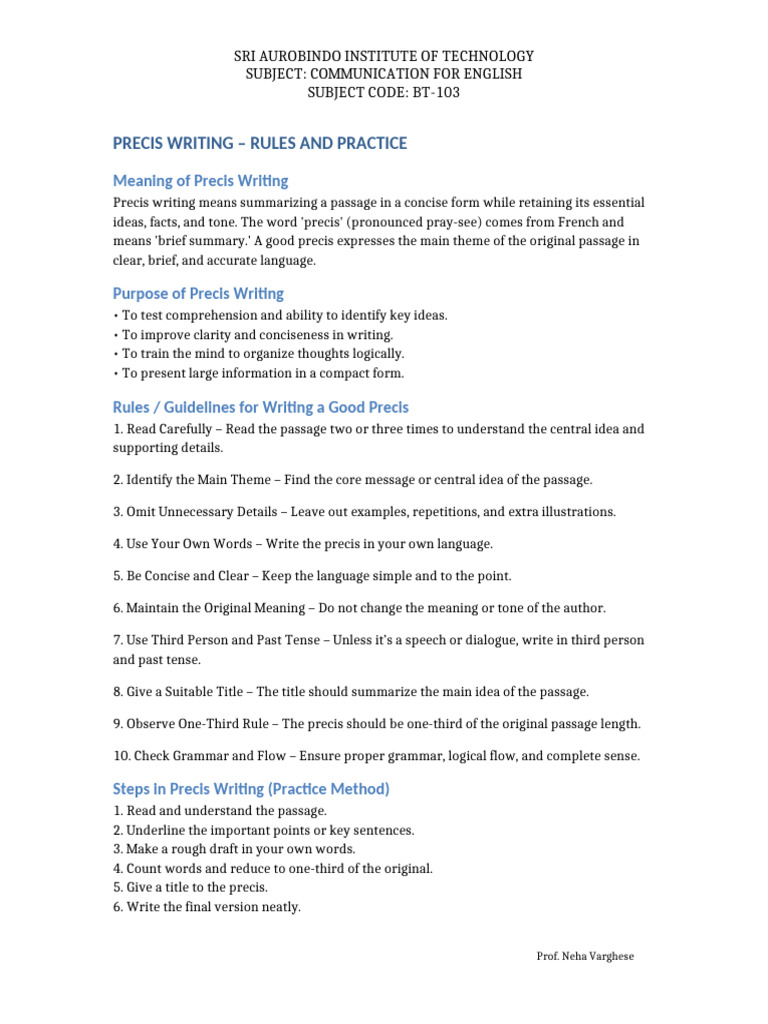 Unit IV Precis Writing Rules and Practice | PDF | Communication ...