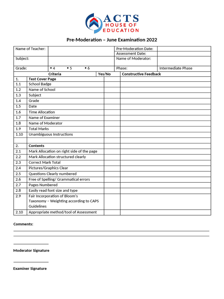 June Exams Pre-Moderation Form | PDF