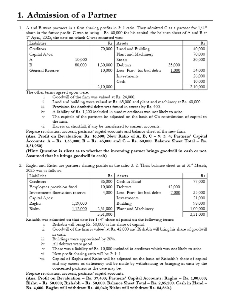 Admission of Partner | PDF | Balance Sheet | Goodwill (Accounting)