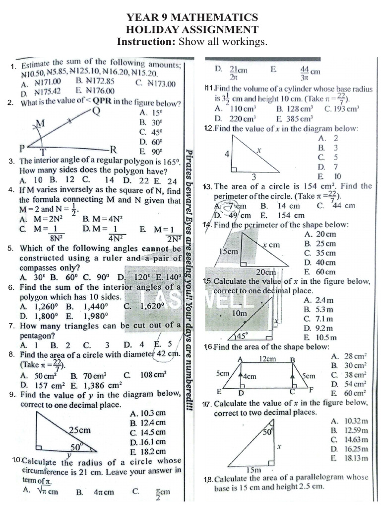 Year 9 Mathematics Holiday Assignment | PDF