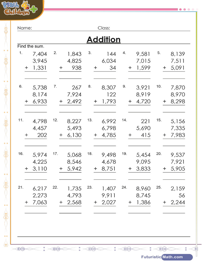 Addition of 3 Numbers Worksheet | PDF