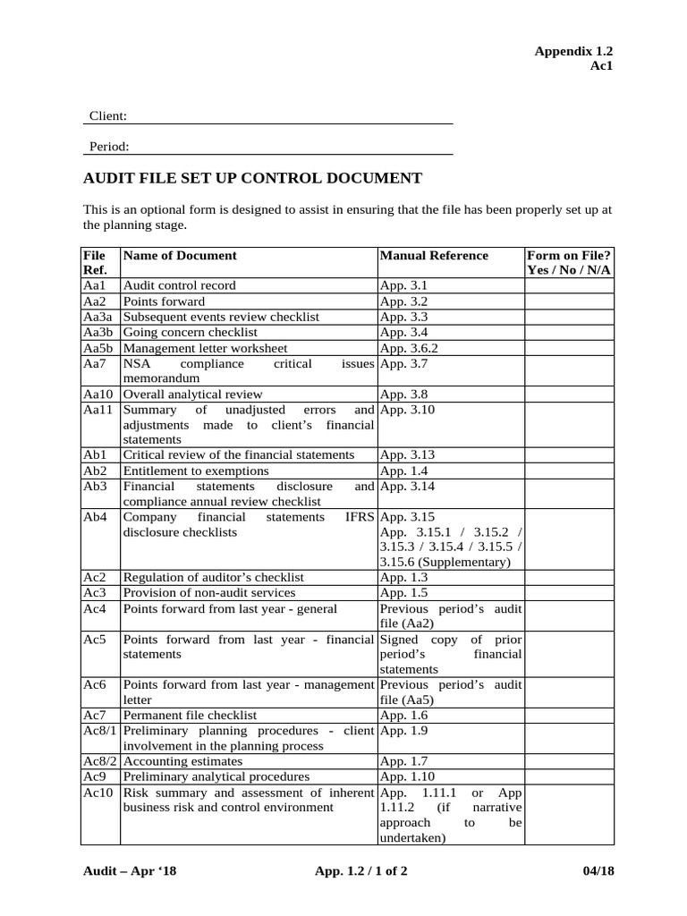1.2 Ac1 Audit File Set Up Control Document | PDF | Audit | Economies