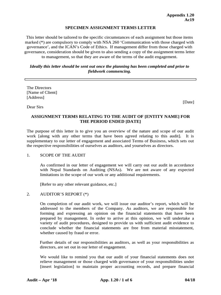 1.20 Ac19 Specimen Planning Letter | PDF | Audit | Auditor's Report