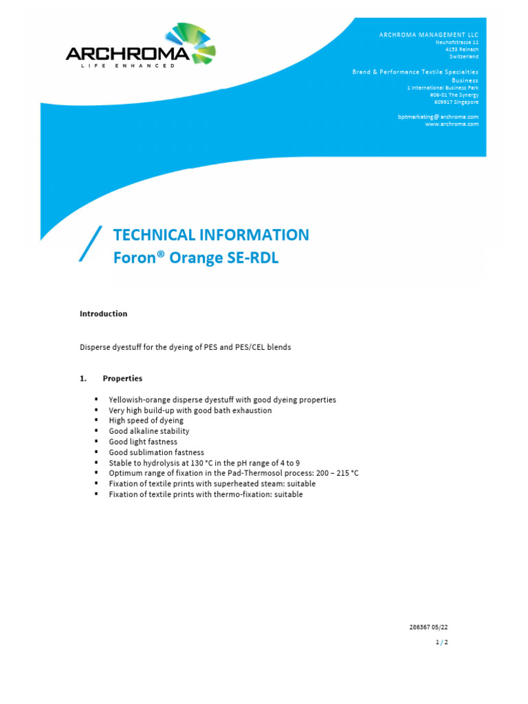 Foron Orange Se-Rdl (TDDS) - 01.01.2023 | PDF | Dyeing | Dye