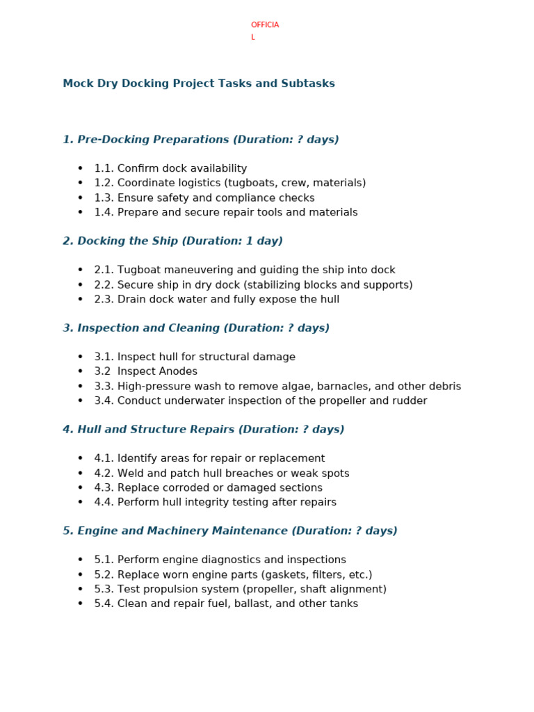 Mock Dry Dock Task List - GANT CHART | PDF