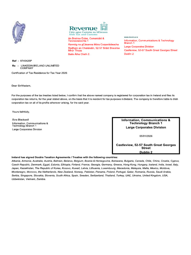 LINKEDIN 2026 LI Ireland Tax Residence Cert General | PDF