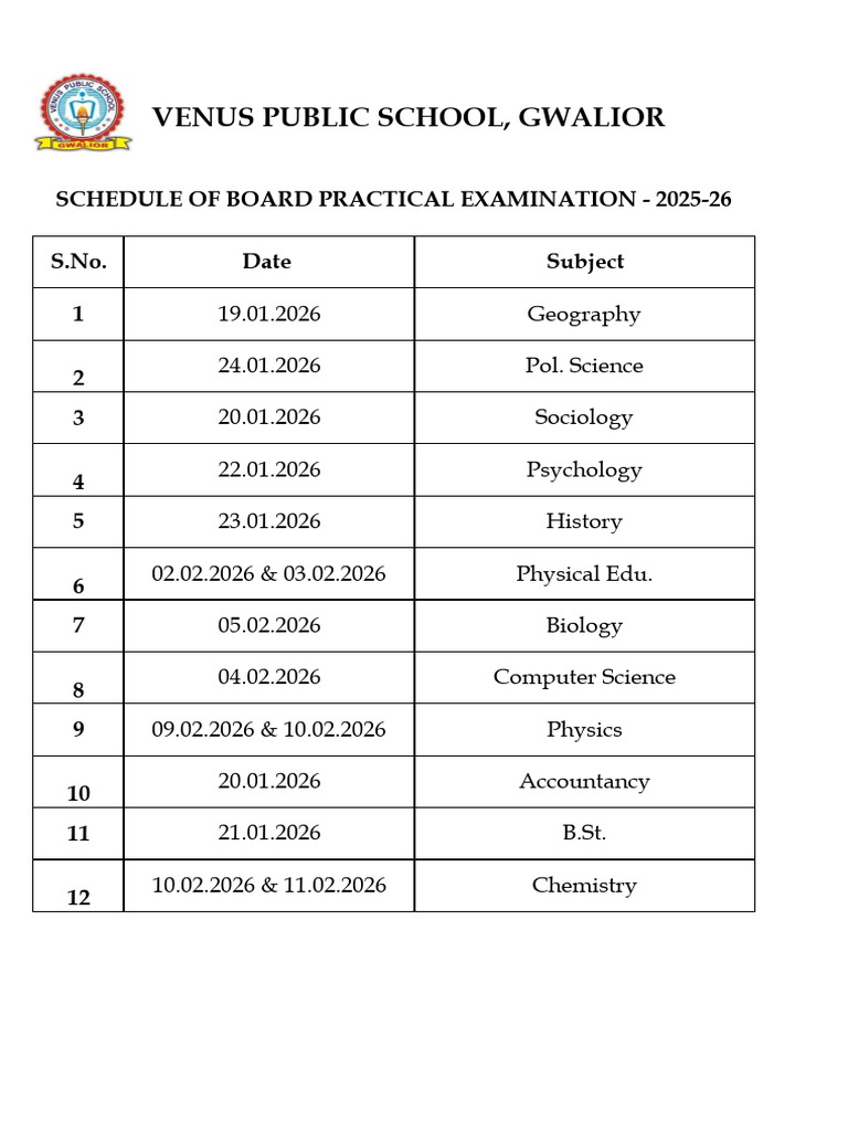 Board Practical Exam Schedule 2025-26 | PDF