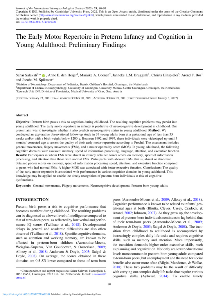 The Early Motor Repertoire in Preterm Infancy and Cognition in Young ...