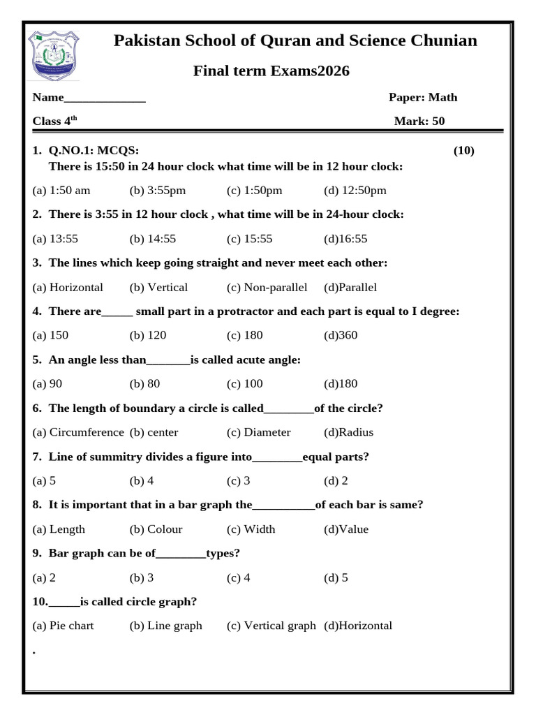 Class 4th Paper Math Hafiz | PDF