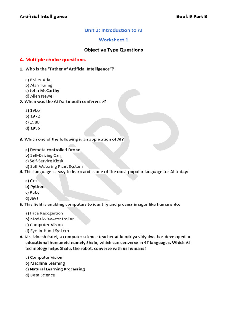 AI Book 9 - Worksheets - Unit 1 - Part B - Answer Key | PDF ...