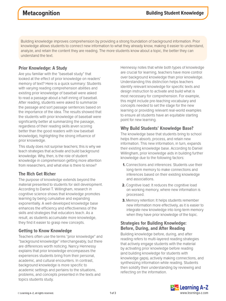 Metacognition Building Student Knowledge | PDF | Reading Comprehension ...