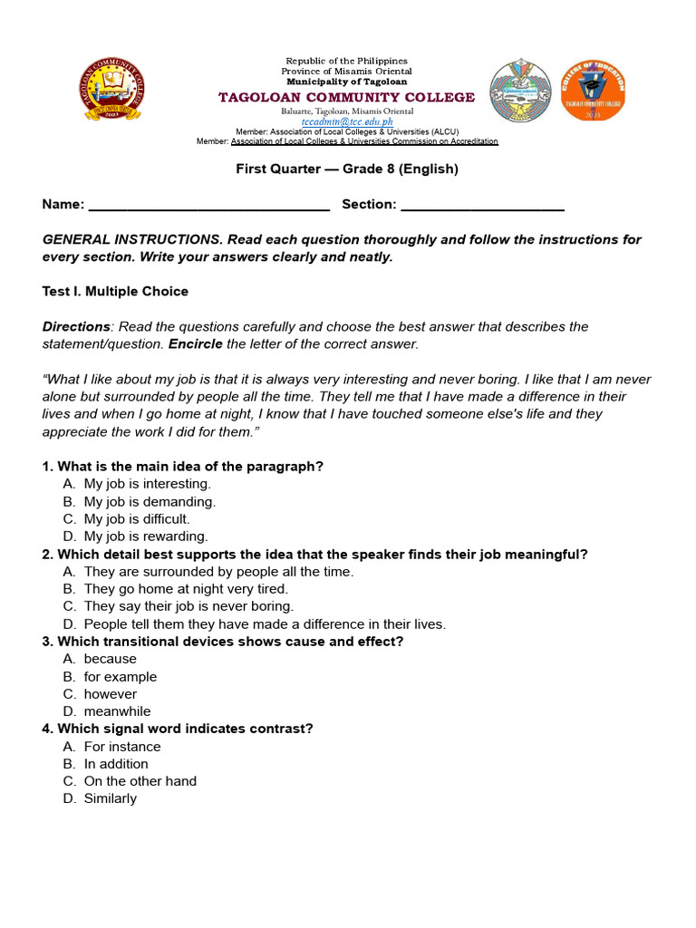 First Quarter Test Paper English 8 | PDF