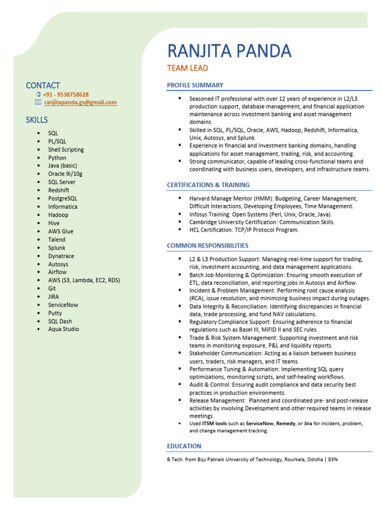 Ranjita Panda Lead Resume | PDF | Databases | Sql