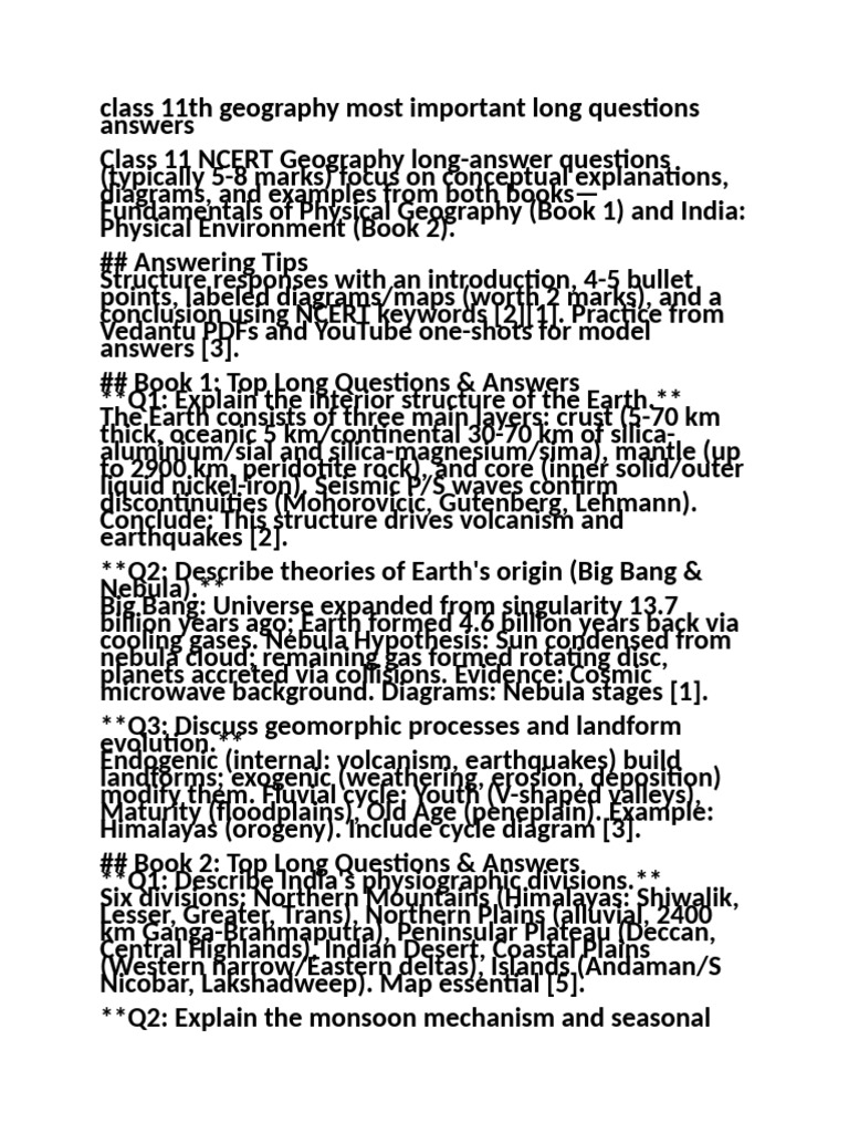 Class 11th Geography Most Important Long Questions Answers | PDF ...