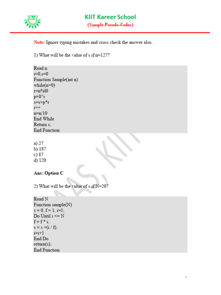 Sample PSEUDO-CODE Questions | PDF | Theoretical Computer Science ...
