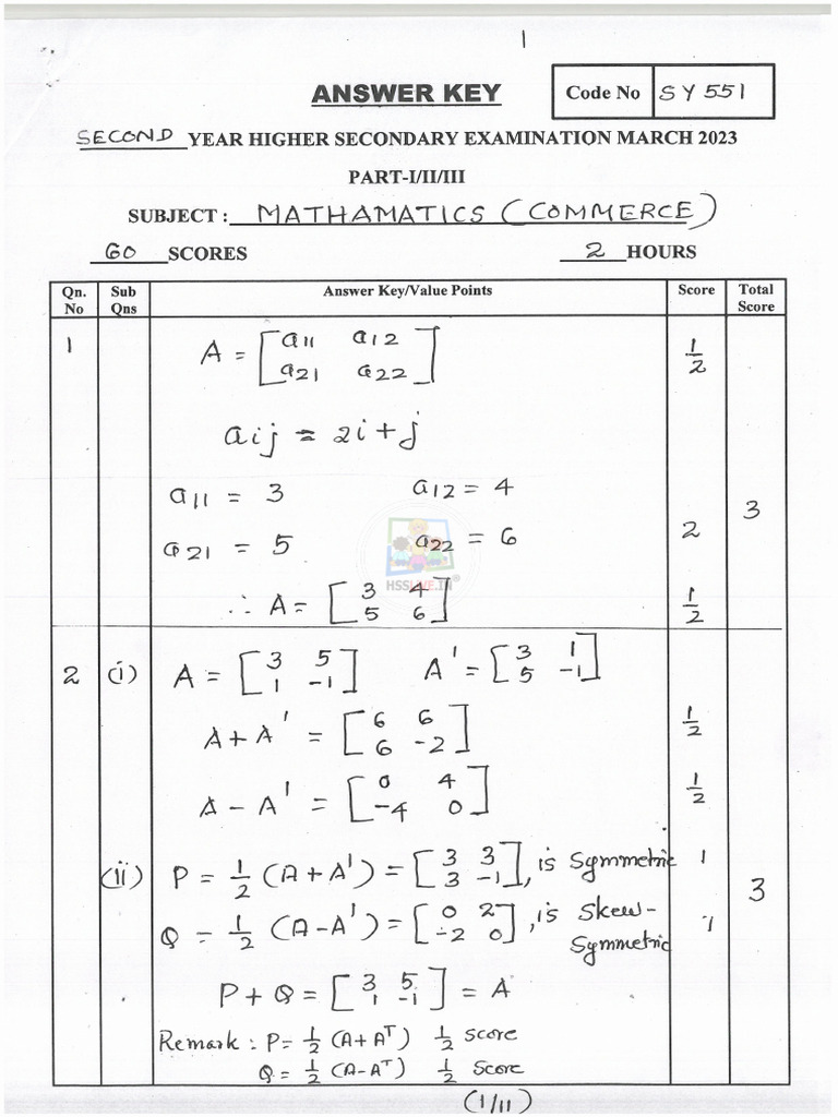 Hsslive March 2023 Key SY 551 Mathematics C60 | PDF