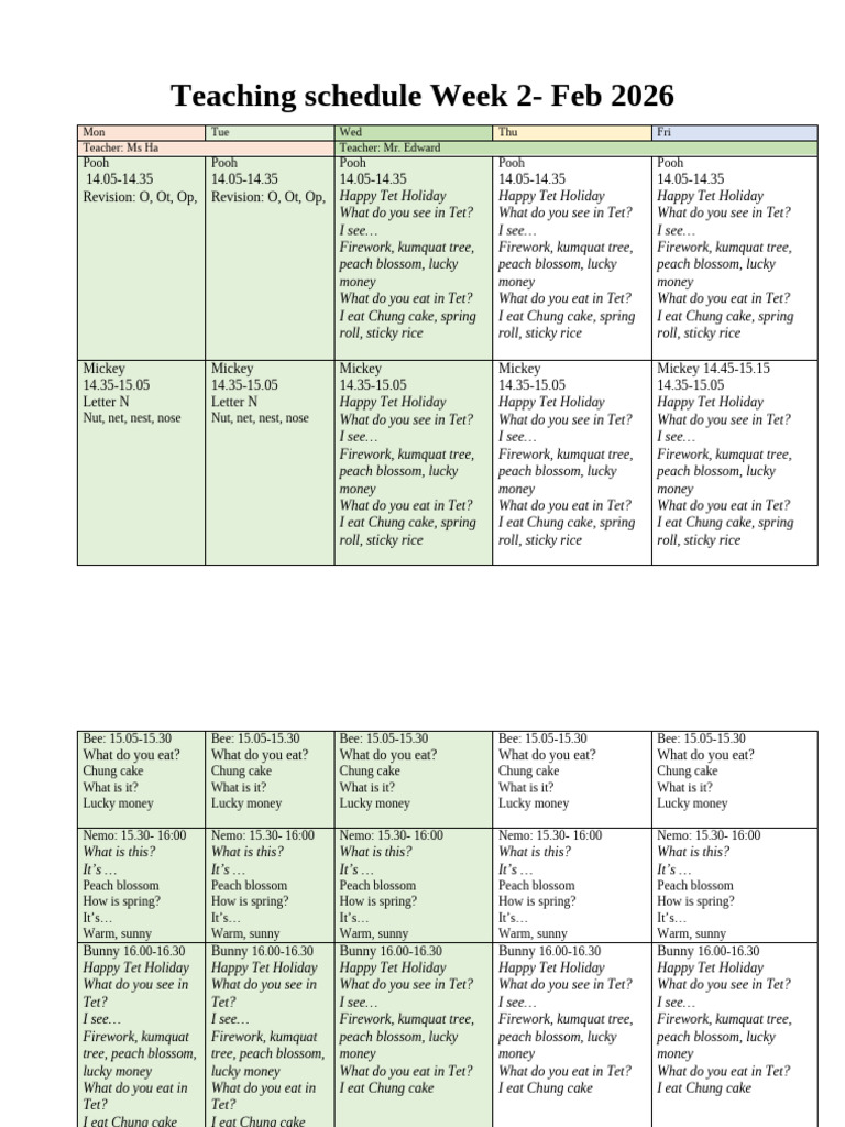 Teaching Schedule Week 2 Feb | PDF