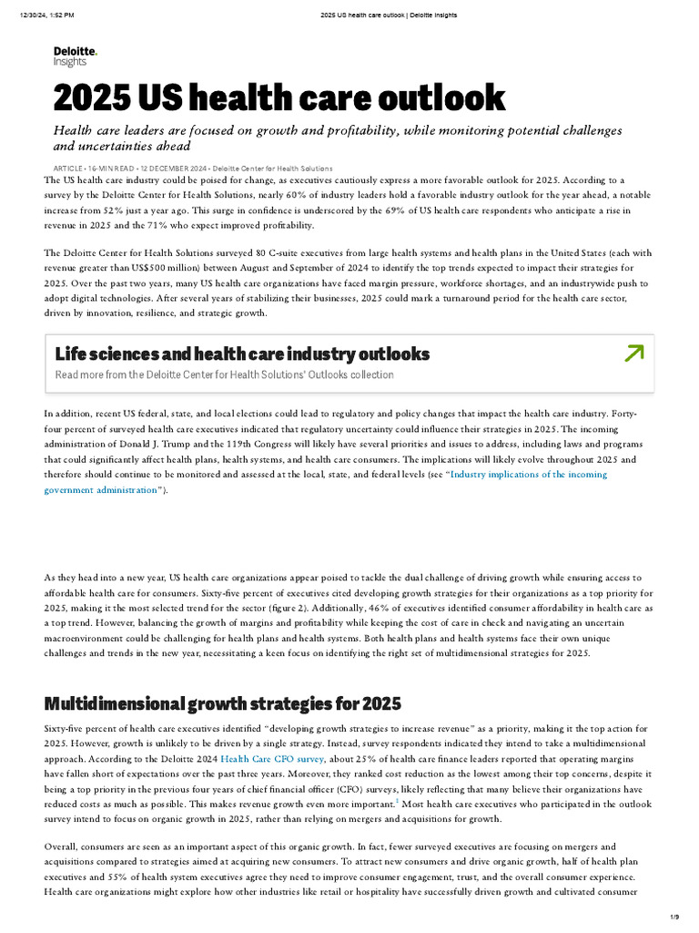 2025 US Health Care Outlook - Deloitte Insights | PDF | Cloud Computing ...