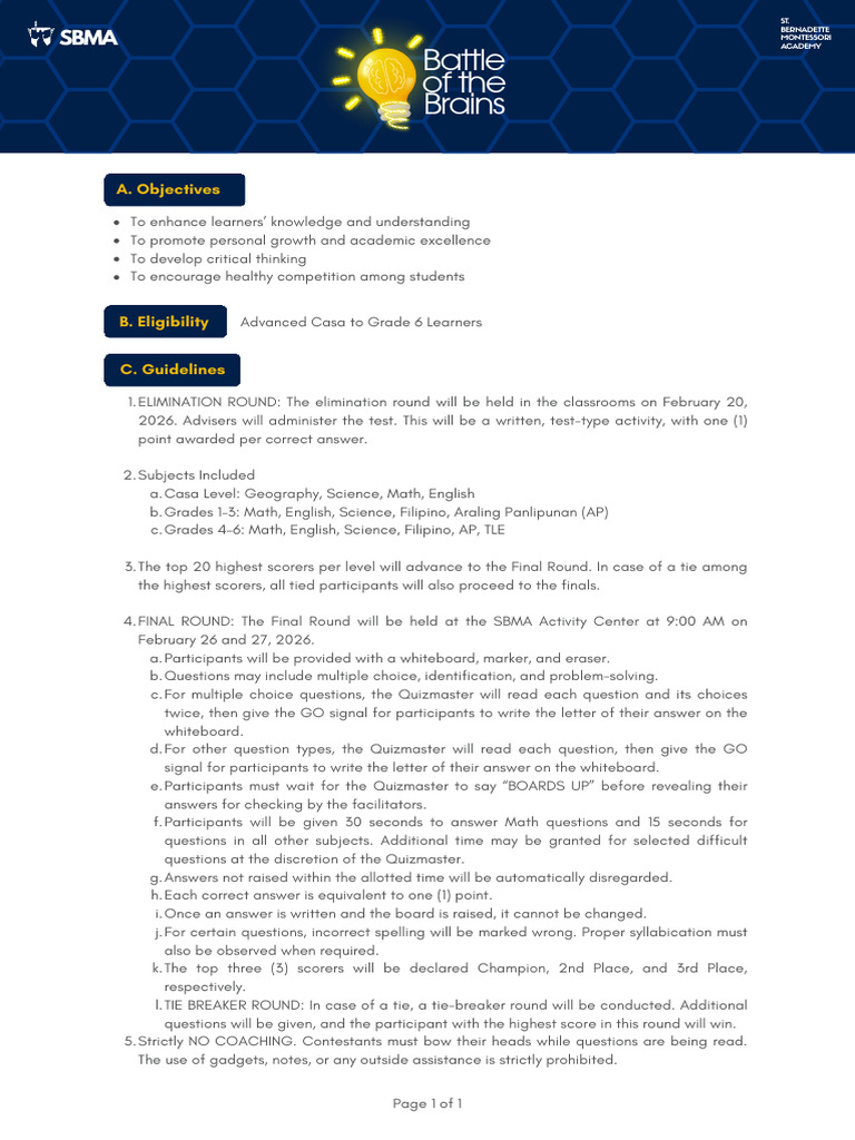 Battle of The Brains FD 2025 2026 | PDF | Multiple Choice | Cognition