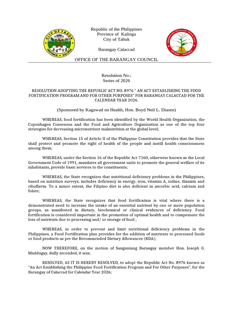 RA 8976-Philippine Food Fortification Act | PDF | Nutrients | Malnutrition