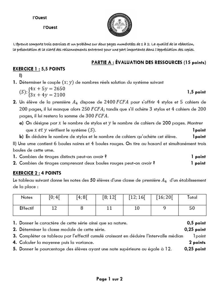 Evaluation 4 MATHS 1ere a-ABI OUEST Scruté 2026 | PDF | Mathématiques