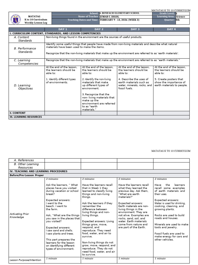 DTC DLL Matatag Science 3 q4 w3 | PDF | Learning | River
