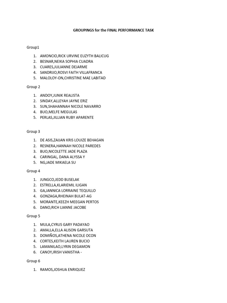 Groupings For The Final Performance Task | PDF