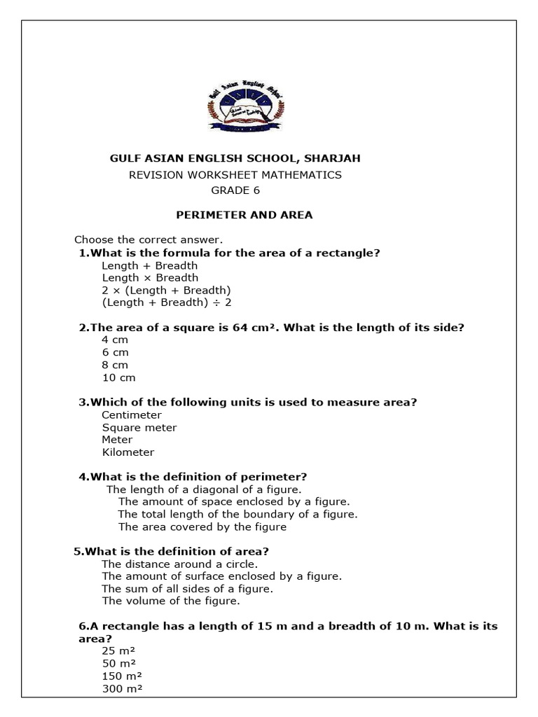 Practice Worksheet Mathematics - Area and Perimeter | PDF | Area | Length