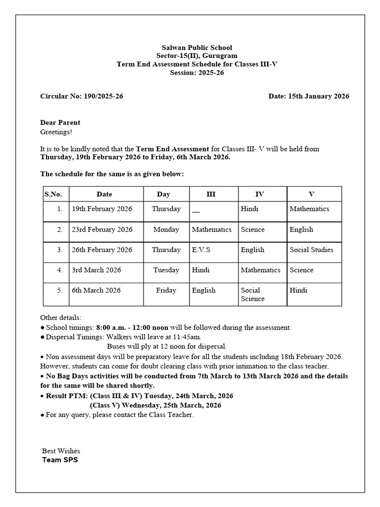 Term End Assessment Schedule Classes III-V | PDF