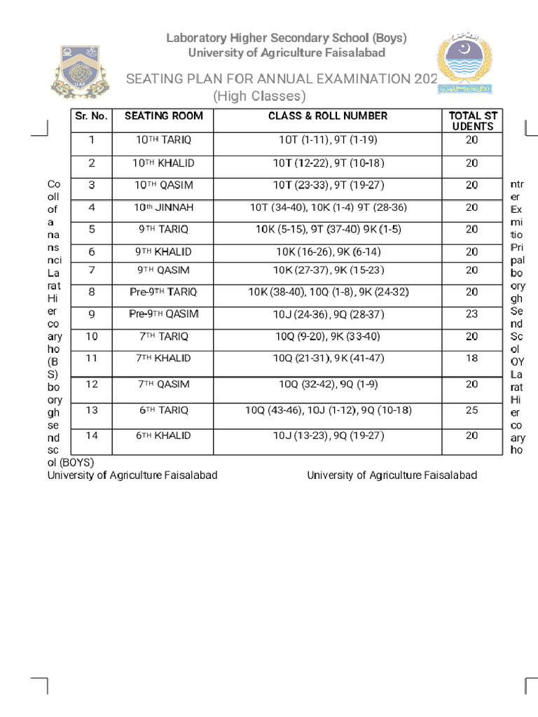 Seating Plan For Exam Annual 2026 (High) - Phoenix | PDF
