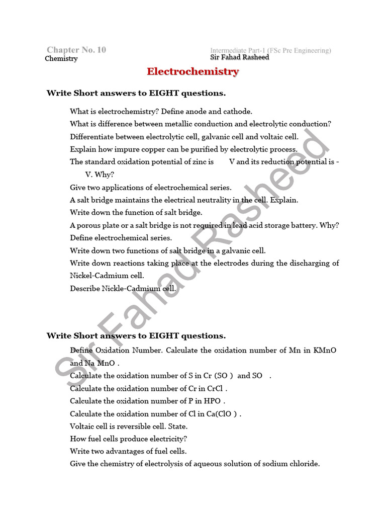 Chapter No. 10 Electrochemistry | PDF | Electrochemistry | Redox