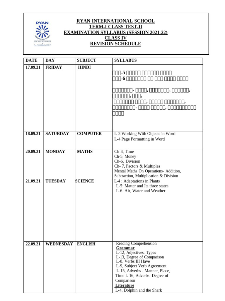 Revision Schedule Class 4 | PDF | Grammar | Linguistics