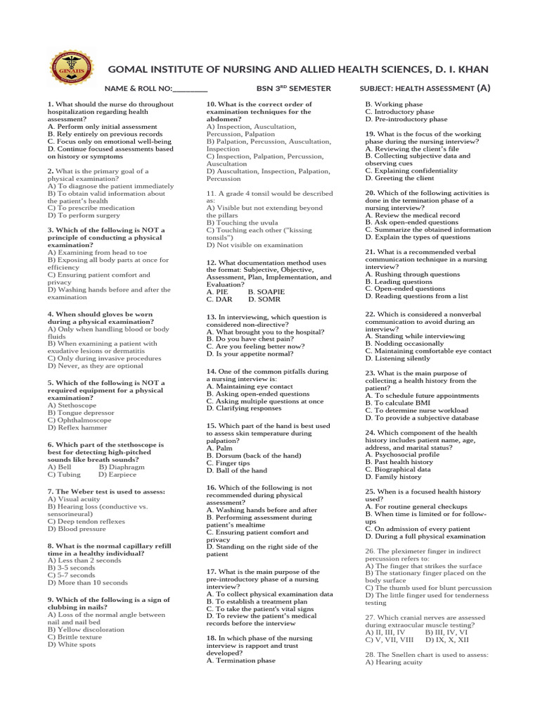 BSN-3 Health Assessment Paper A | PDF | Physical Examination | Clinical ...