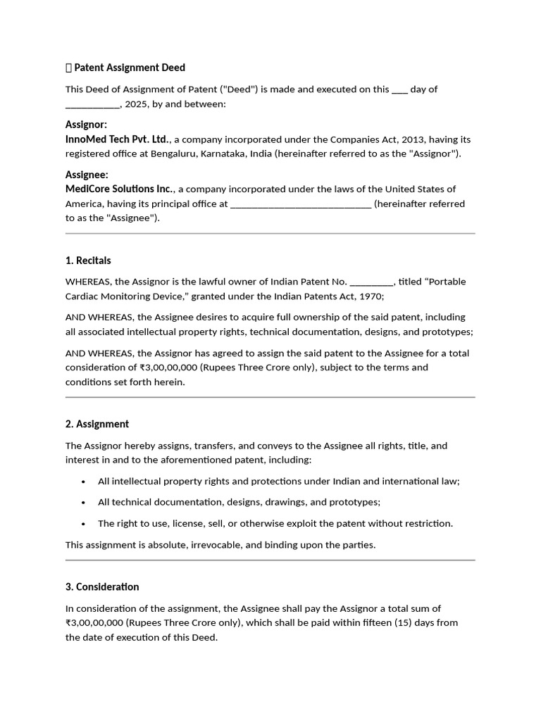 ? Patent Assignment Deed | PDF | Assignment (Law) | Patent
