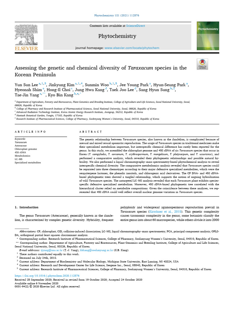 2021-蒲公英基原鉴定-Assessing the Genetic and Chemical Diversity of Taraxacum ...
