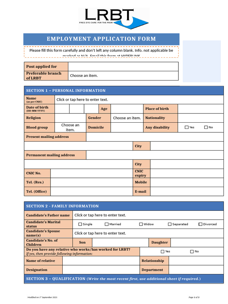 LRBT Employment Application Form | PDF | Justice | Crime & Violence