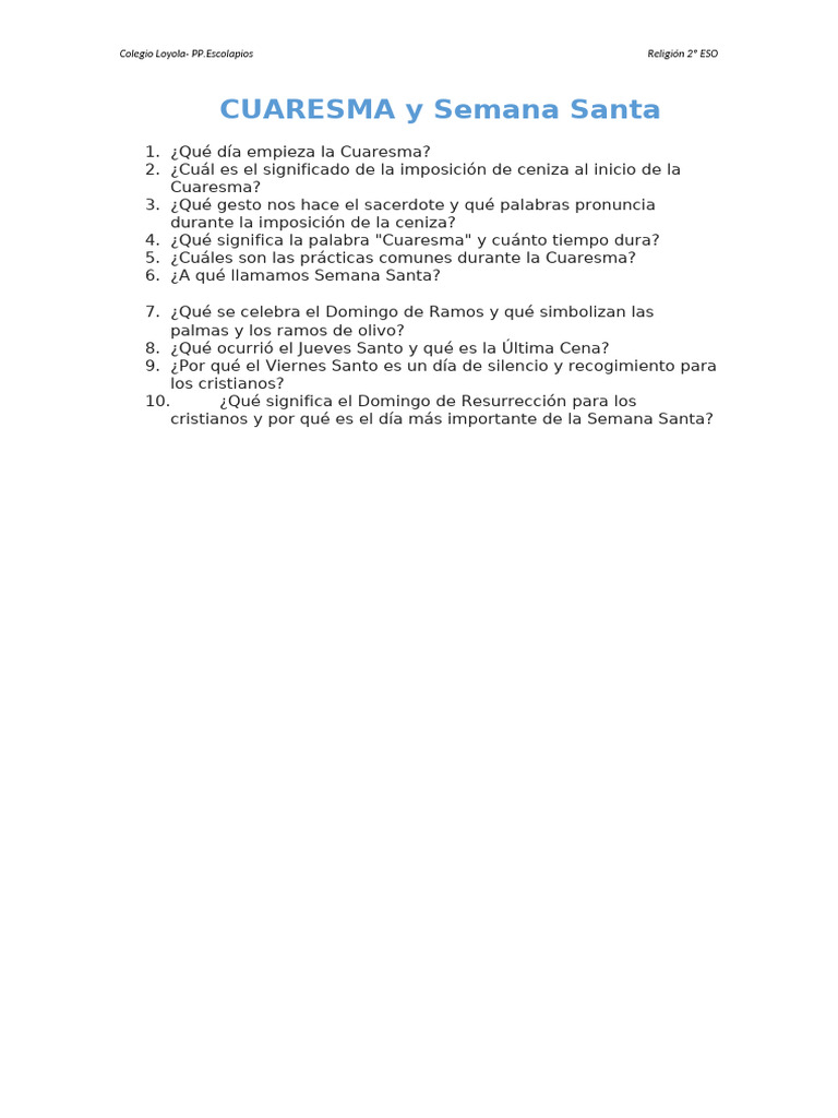 Cuaresma y SEmana Santa 2º ESO | PDF