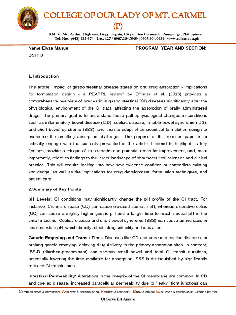 REACTION PAPER NO.1 - Impact of Gastrointestinal Disease States On Oral ...