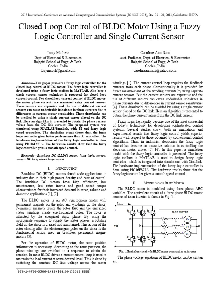 Closed Loop Control of BLDC Motor Using A Fuzzy Logic Controller and ...