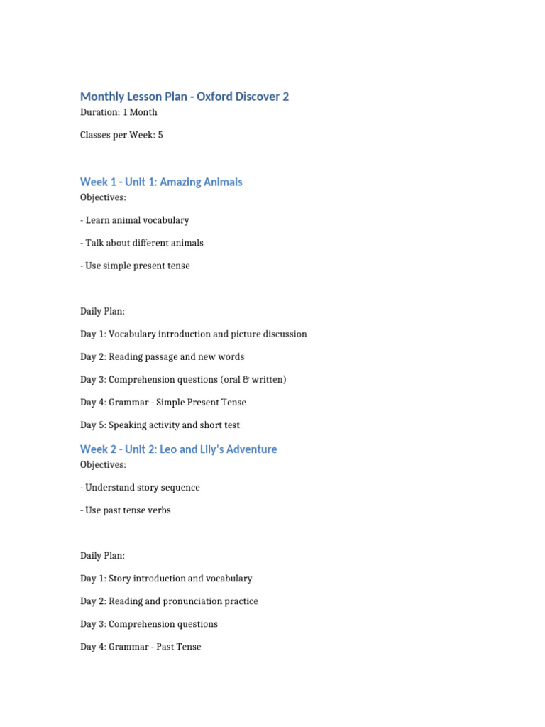 Oxford Discover 2 Monthly Lesson Plan | PDF