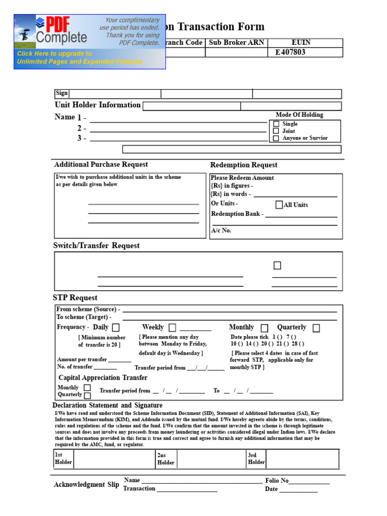 Common Transaction Form: Broker ARN Sub Broker / Branch Code Sub Broker ...