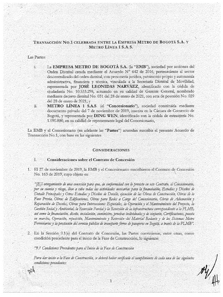 Acuerdo de Transacción No. 01 EMB - ML1 | PDF