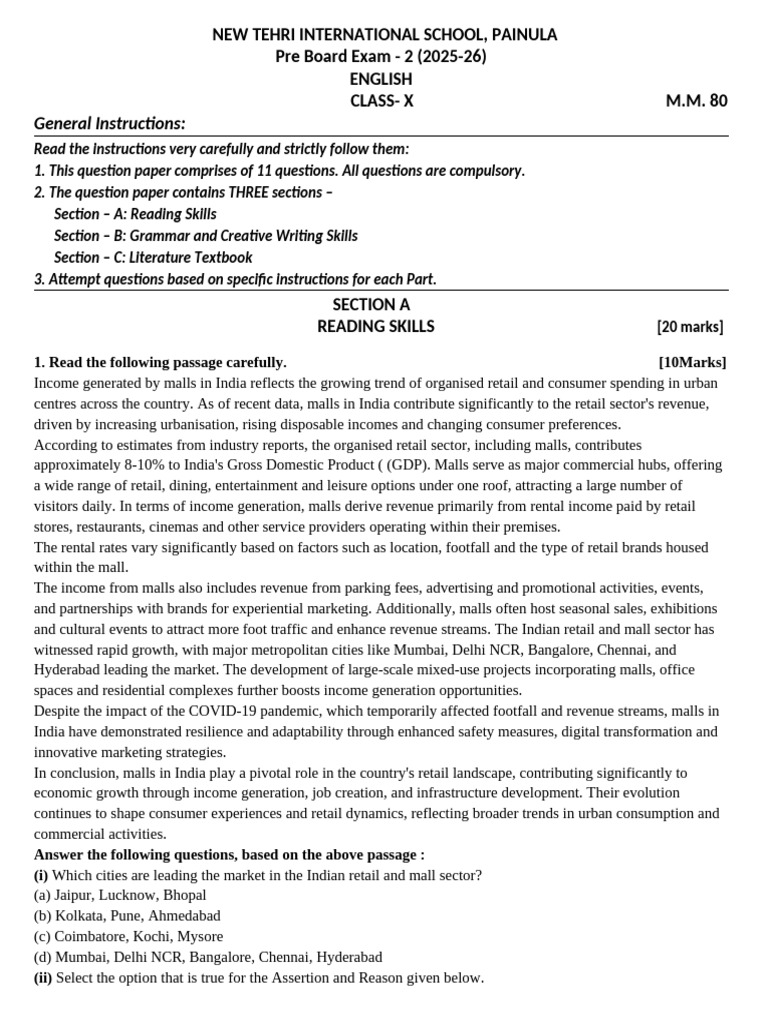 Class 10th Pre Board Exam-2 English | PDF | Crafts | Retail
