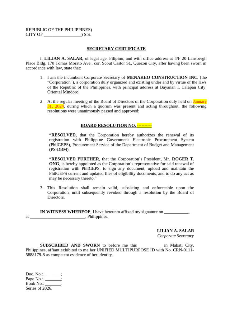 Secretary Certificate For Revise | PDF