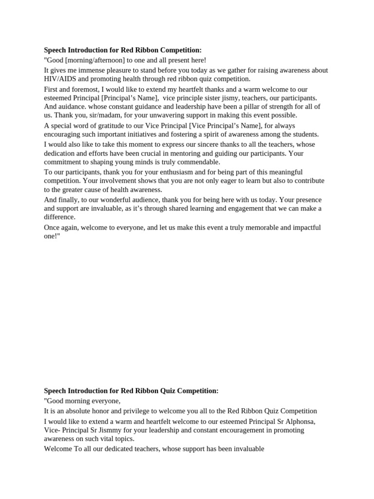 Speech Introduction For Red Ribbon Competition | PDF