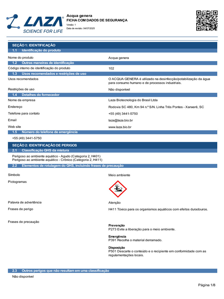 FDS Acqua Genera - LAZA | PDF | Toxicidade | Temperatura