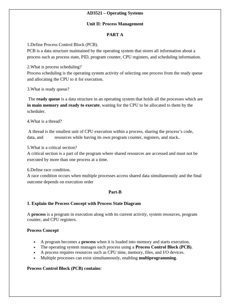 AD3521os Unit2 Question Bank | PDF | Process (Computing) | Operating System