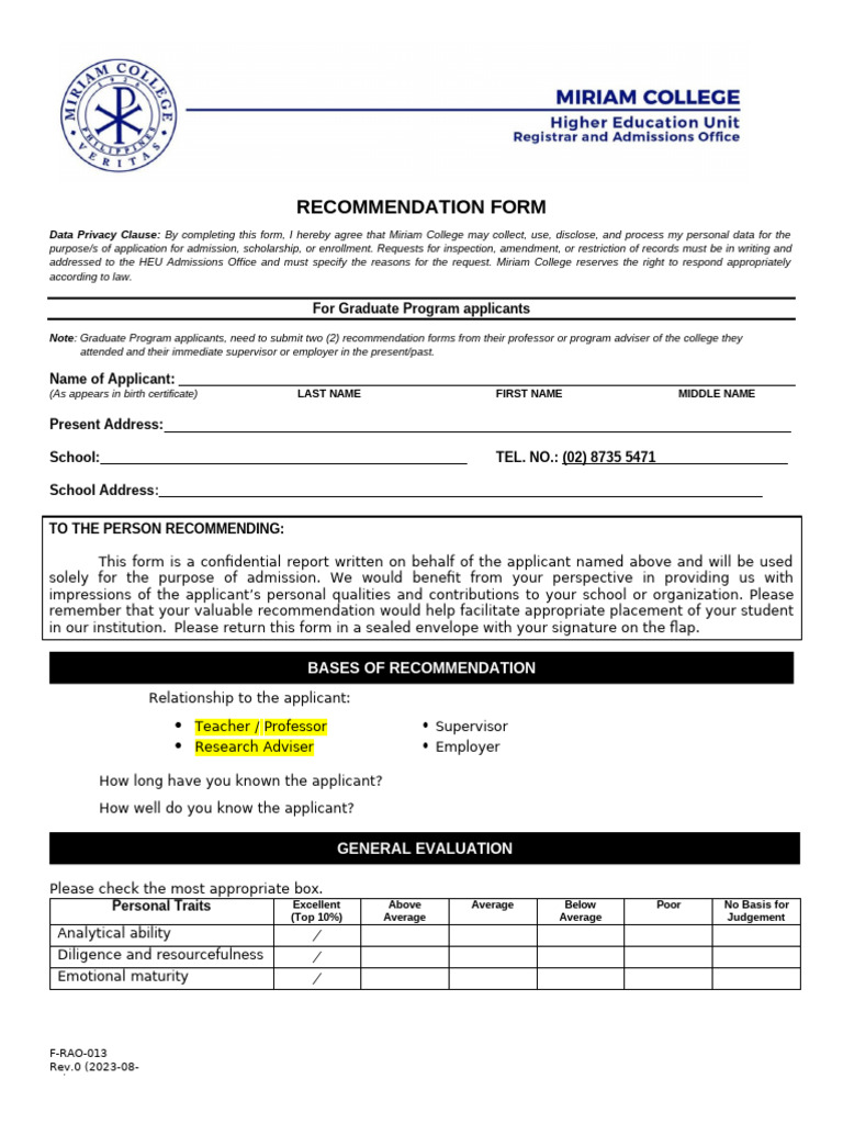 F-RAO-013 - Recommendation - Form | PDF