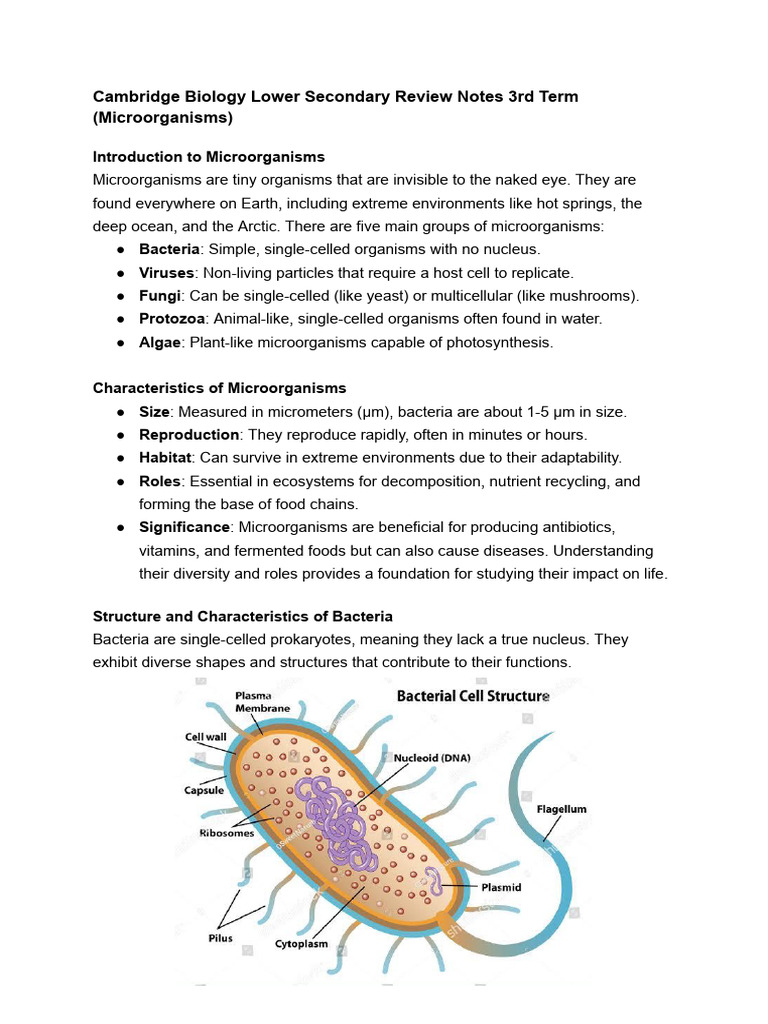Cambridge Biology Lower Secondary Review Notes (Microorganism) | PDF