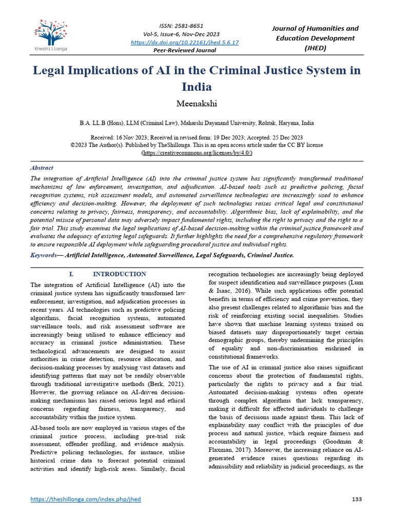 Legal Implications of AI in The Criminal Justice System in India | PDF ...